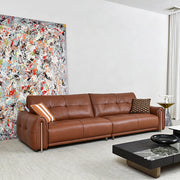 Modern Genuine Leather Sofa Warm Brown Upholstered Couch Three Seater Living Room Sofa with Wide Seat and Clean Lines